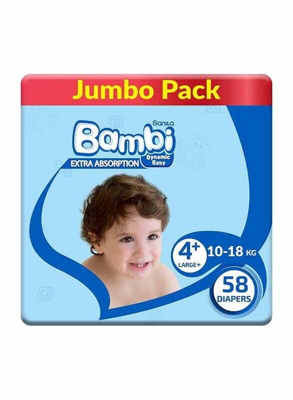 Sanita Bambi Extra Absorption Baby Diapers, Size 4+, Large+, 10-18 Kg, 58 Counts
Sanita Bambi Extra Absorption Baby Diapers, Size 4+, Large+, 10-18 Kg, 58 Counts