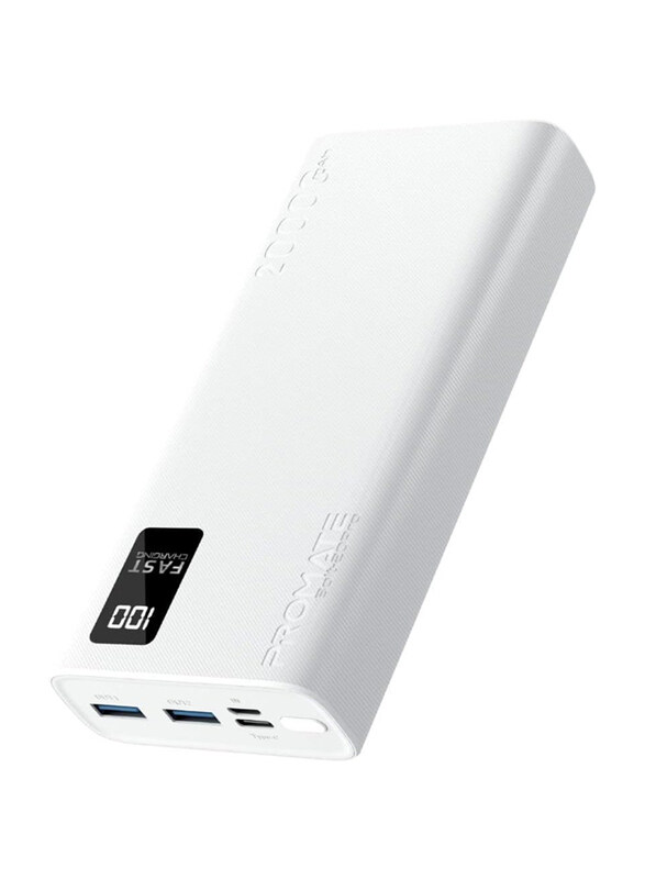 Promate 20000mAh High-Capacity Slim Power Bank with Dual USB Ports, with Smart LED Display, White
Promate 20000mAh High-Capacity Slim Power Bank with Dual USB Ports, with Smart LED Display, White