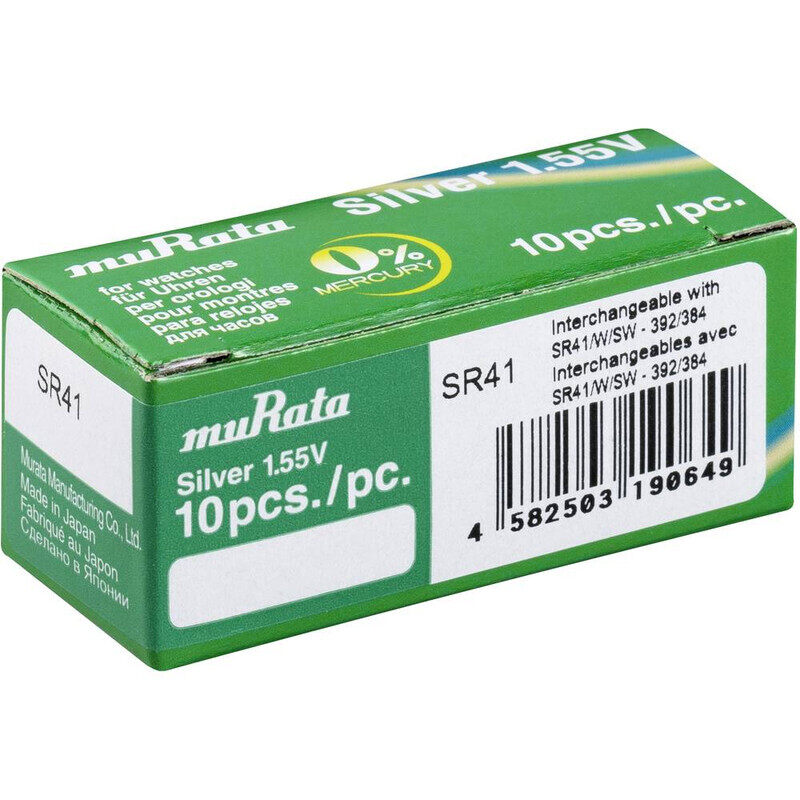 10-Pieces Murata 392/384 (SR41W/SW) 1.55V Silver Oxide 0% Hg Mercury Free Battery For Watches
10-Pieces Murata 392/384 (SR41W/SW) 1.55V Silver Oxide 0% Hg Mercury Free Battery For Watches