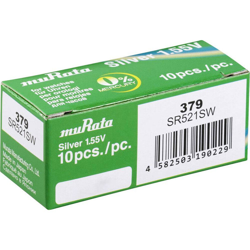 10-Pieces Murata 379 (SR521SW) 1.55V Silver Oxide 0% Hg Mercury Free Battery For Watches
10-Pieces Murata 379 (SR521SW) 1.55V Silver Oxide 0% Hg Mercury Free Battery For Watches