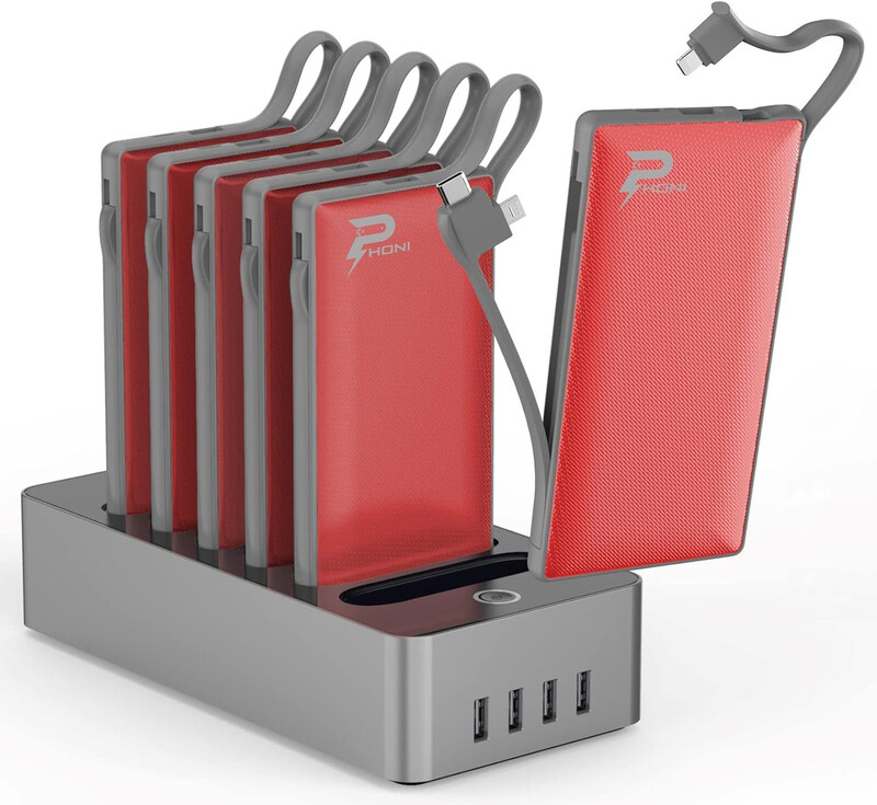 Phoni 10000mAh 6 in 1 Portable Battery Pack Built In Cable Power Bank Charger Station with Lightning, USB-C, Micro USB Input, Red
Phoni 10000mAh 6 in 1 Portable Battery Pack Built In Cable Power Bank Charger Station with Lightning, USB-C, Micro USB Input, Red