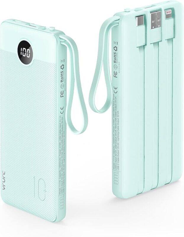VRURC Portable Charger with Built-in Cables 10000mAh LED Display USB C Power Bank Slim Travel Battery Pack Green
VRURC Portable Charger with Built-in Cables 10000mAh LED Display USB C Power Bank Slim Travel Battery Pack Green