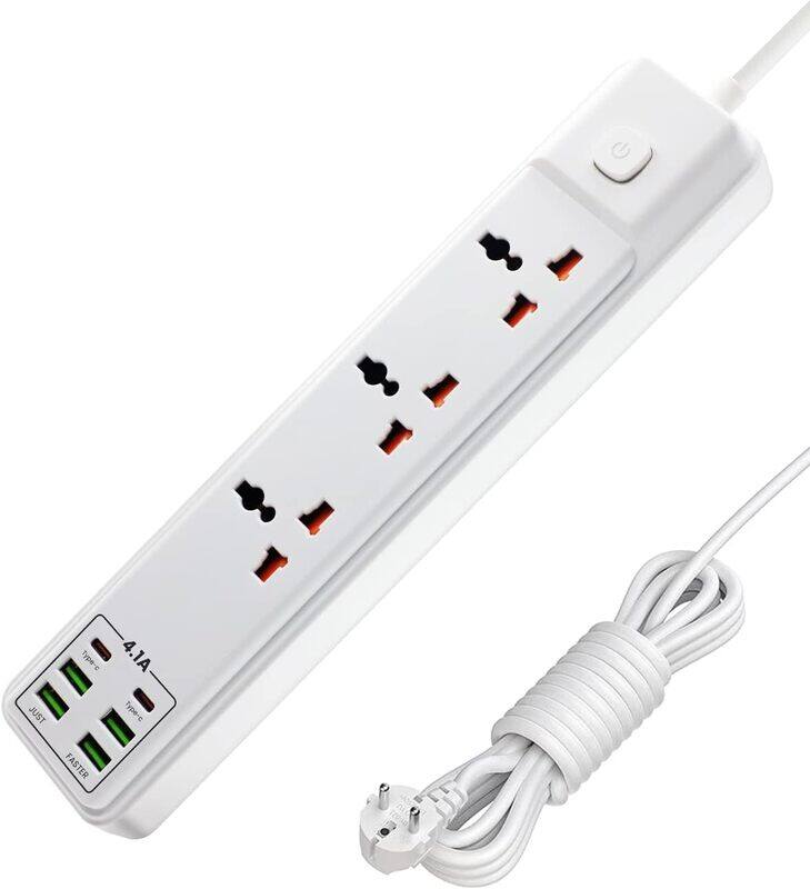 Generic Extension Cord with USB, 2M Cord, Multi Plug Extension Socket, 3 Outlets with 4 USB Power Socket 2-TYPE C Port,White
Generic Extension Cord with USB, 2M Cord, Multi Plug Extension Socket, 3 Outlets with 4 USB Power Socket 2-TYPE C Port,White