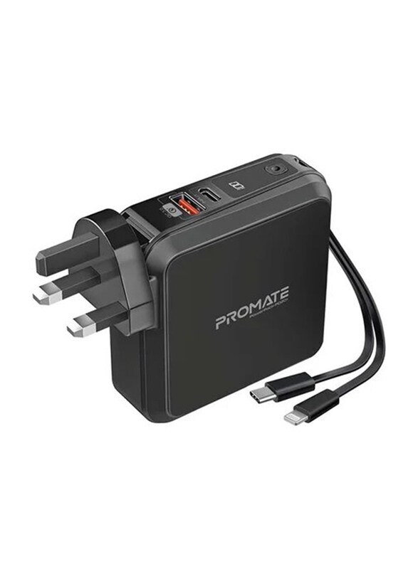 Promate 15000mAh Quick Charging Powerbank with AC Charge-in, Built-In 22W USB-C PD Cable, 20W Lightning Cable & QC 3.0 USB Port, Black
Promate 15000mAh Quick Charging Powerbank with AC Charge-in, Built-In 22W USB-C PD Cable, 20W Lightning Cable & QC 3.0 USB Port, Black
