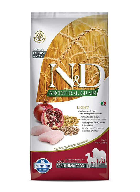 Farmina N&D Ancestral Grain Chicken, Spelt, Oats & Pomegranate Recipe Light Medium & Maxi Dogs Dry Food, 12 Kg
Farmina N&D Ancestral Grain Chicken, Spelt, Oats & Pomegranate Recipe Light Medium & Maxi Dogs Dry Food, 12 Kg