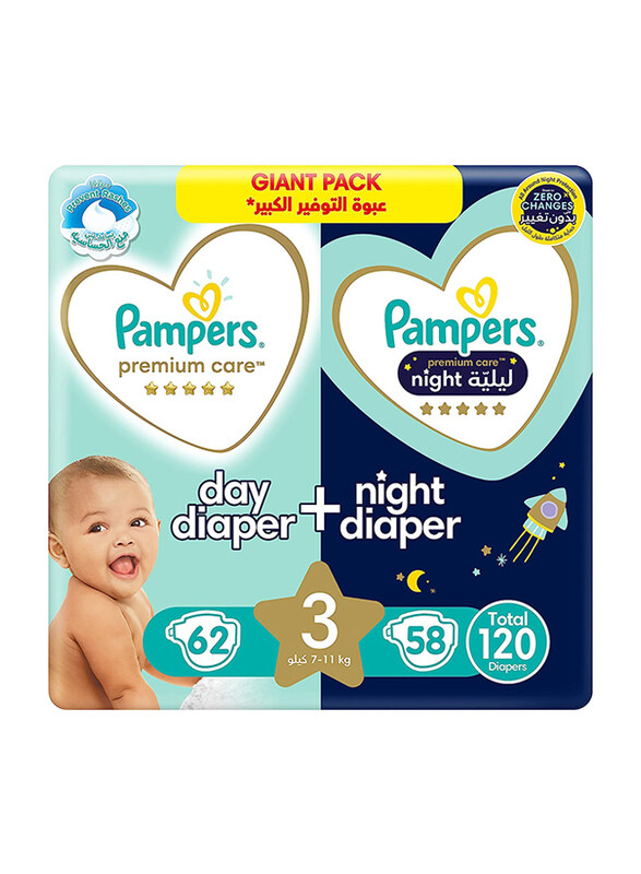Pampers Premium Care Day & Night Diapers, Size 3, 7-11 kg, Giant Pack, 116 Count
Pampers Premium Care Day & Night Diapers, Size 3, 7-11 kg, Giant Pack, 116 Count