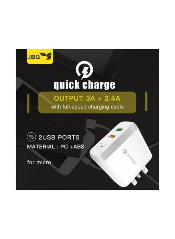 Jbq Travel Wall Charger, 3.A + 2.4A Micro USB with Type-C Data and Charge Cable, F-2USB, White
Jbq Travel Wall Charger, 3.A + 2.4A Micro USB with Type-C Data and Charge Cable, F-2USB, White