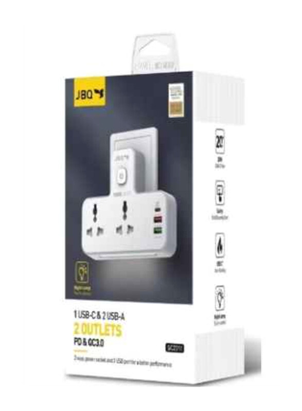 Jbq Fast Wall Charger, 2 Ways Power Socket with 2 USB A Port and USB-C, SC-2311, White
Jbq Fast Wall Charger, 2 Ways Power Socket with 2 USB A Port and USB-C, SC-2311, White