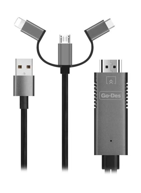 Go-Des 1.8-Meter Multiple Types 3-in-1 FHD Cable, Fast Charging USB A Male to USB C, Lightning & HDMI for Smartphones/Tablets, Black
Go-Des 1.8-Meter Multiple Types 3-in-1 FHD Cable, Fast Charging USB A Male to USB C, Lightning & HDMI for Smartphones/Tablets, Black