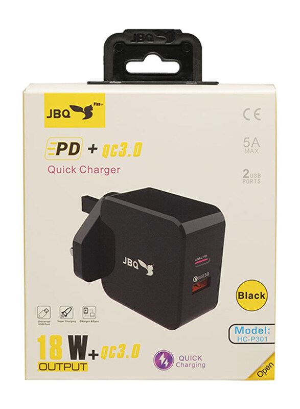Jbq Portable UK Wall Charger, QC3.0 PD Charger with USB Type C, 18W, HC-P301, Black
Jbq Portable UK Wall Charger, QC3.0 PD Charger with USB Type C, 18W, HC-P301, Black