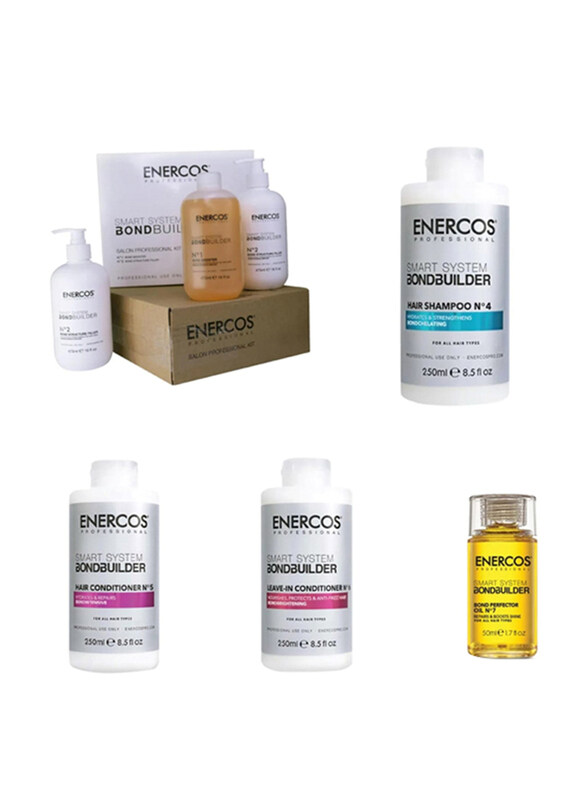Enercos Professional Smart System Bond Builder No.1 & No.2, Shampoo, Conditioner, Leave-In Conditioner & Perfector Oil Set
Enercos Professional Smart System Bond Builder No.1 & No.2, Shampoo, Conditioner, Leave-In Conditioner & Perfector Oil Set