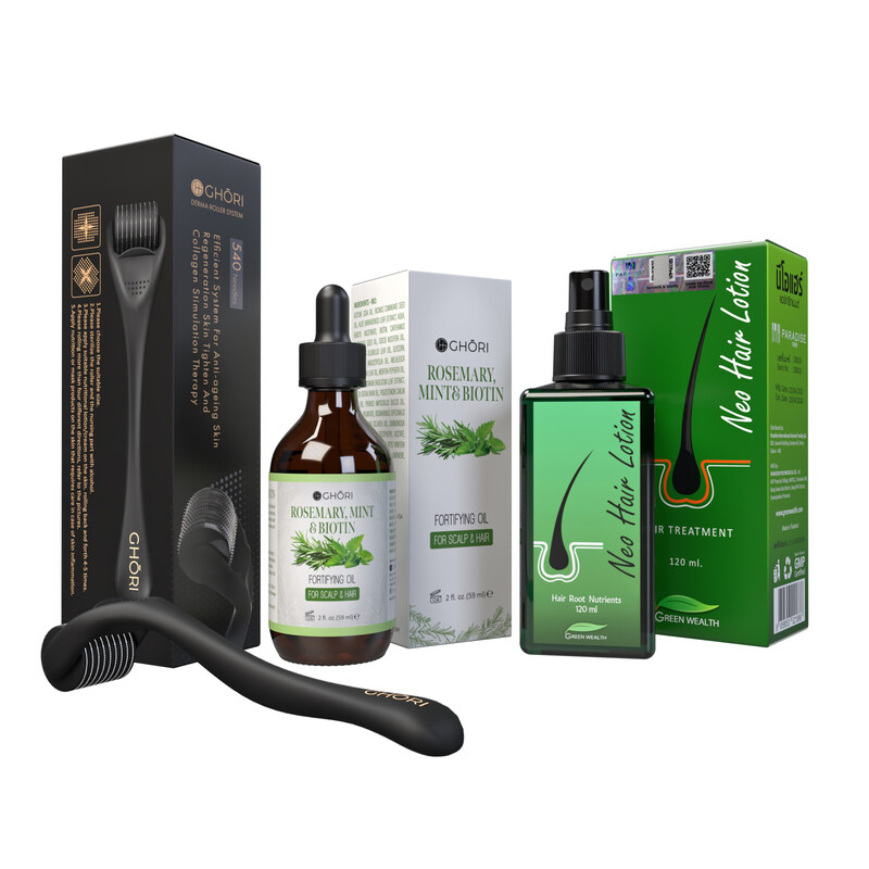 Ghori SUPER DEAL - Green Wealth Neo Hair Lotion, ROSEMARY, MINT & BIOTIN Oil, Derma Roller
Ghori SUPER DEAL - Green Wealth Neo Hair Lotion, ROSEMARY, MINT & BIOTIN Oil, Derma Roller