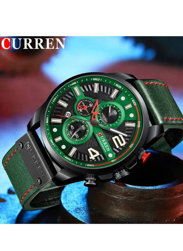 Curren Analog Watch for Men with Leather Band, Water Resistant and Chronograph, 8393, Green-Black
Curren Analog Watch for Men with Leather Band, Water Resistant and Chronograph, 8393, Green-Black