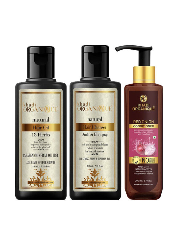 Khadi Organique Herbs Hair Oil Amla Bhringraj Hair Cleanser & Red Onion Hair Conditioner, 3 Pieces
Khadi Organique Herbs Hair Oil Amla Bhringraj Hair Cleanser & Red Onion Hair Conditioner, 3 Pieces