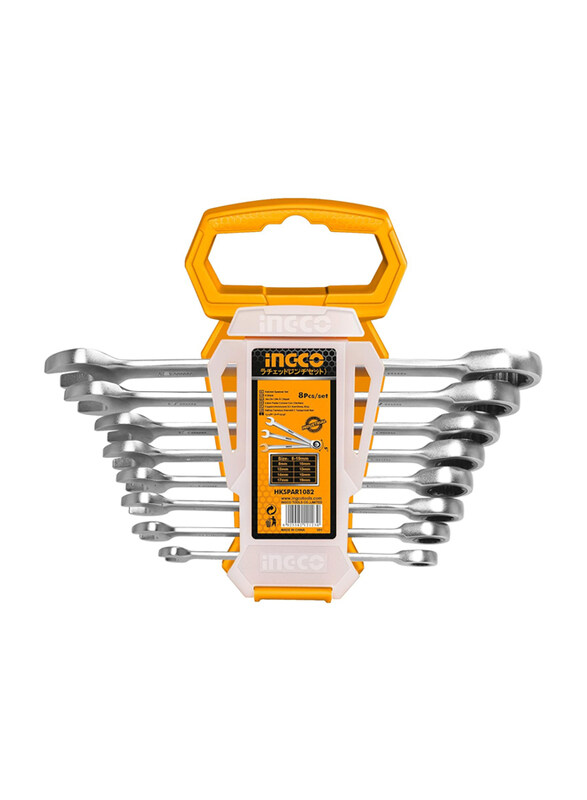Ingco 6-19mm 8-Piece Combination Ratchet Spanner Set, HKSPAR1082, Yellow/Silver
Ingco 6-19mm 8-Piece Combination Ratchet Spanner Set, HKSPAR1082, Yellow/Silver