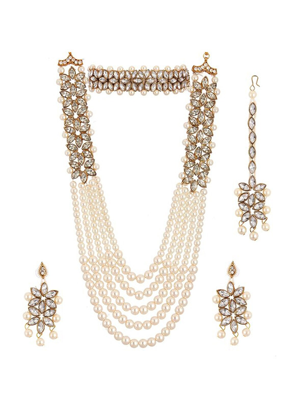 Zeneme Gold Plated White Bridal Neck Choker Necklace Set with Earrings & MaangTikka
Zeneme Gold Plated White Bridal Neck Choker Necklace Set with Earrings & MaangTikka