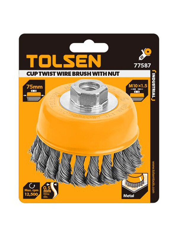 Tolsen Cup Twist Wire Brush With Nut, Yellow/Silver(Industrial), 77587, Size: 75Mm
Tolsen Cup Twist Wire Brush With Nut, Yellow/Silver(Industrial), 77587, Size: 75Mm