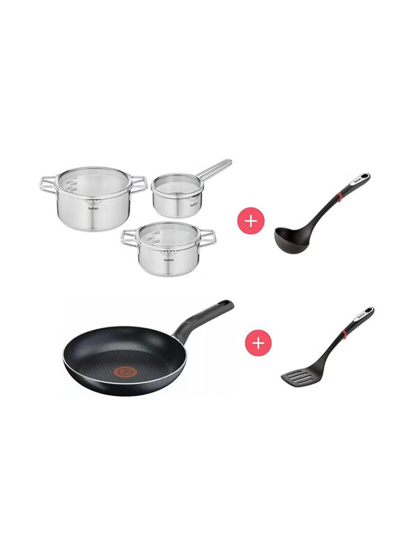 Tefal 9-Piece Stainless Steel Cookware Set with Slotted Spatula and Ladle, H852S3/B59408/K20608/K20601, Silver/Black
Tefal 9-Piece Stainless Steel Cookware Set with Slotted Spatula and Ladle, H852S3/B59408/K20608/K20601, Silver/Black