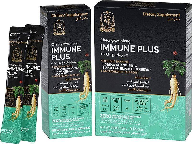 Cheong Kwan Jang Immune Plus Korean Red Ginseng with European Black Elderberry Concentrate Liquid Portable Sticks, 10ml x 20 Packets
Cheong Kwan Jang Immune Plus Korean Red Ginseng with European Black Elderberry Concentrate Liquid Portable Sticks, 10ml x 20 Packets