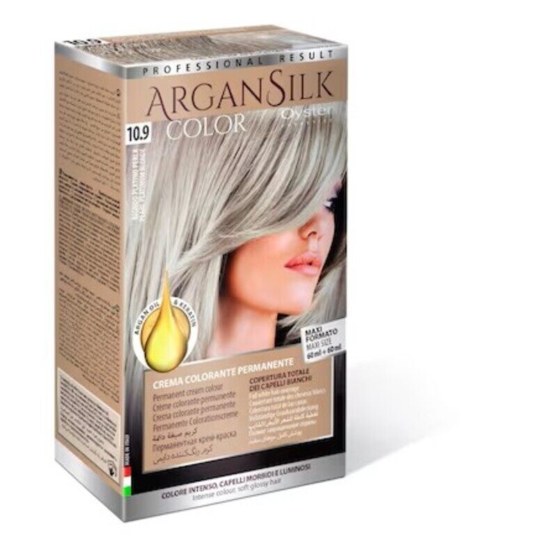 Argan Silk hair color by Oyster Cosmetics Permanent hair dye, 10.9 platinum pearl blonde
Argan Silk hair color by Oyster Cosmetics Permanent hair dye, 10.9 platinum pearl blonde