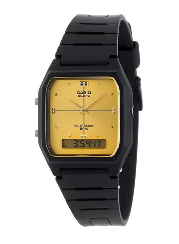 Casio Analog + Digital Watch for Men with Resin Band, Water Resistant, AW-48HE-9AVEF, Black-Gold
Casio Analog + Digital Watch for Men with Resin Band, Water Resistant, AW-48HE-9AVEF, Black-Gold