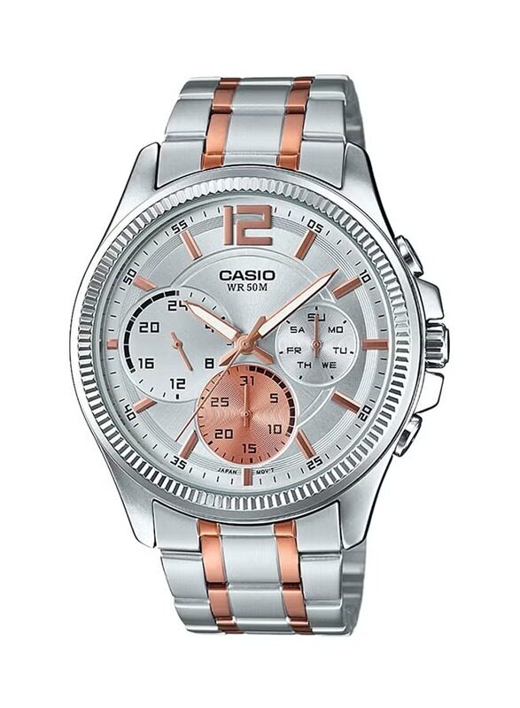 Casio Quartz Analog Watch for Men with Stainless Steel Band, Water Resistant and Chronograph, MTP-E305RG-7AVDF, Silver/Rose Gold-Grey
Casio Quartz Analog Watch for Men with Stainless Steel Band, Water Resistant and Chronograph, MTP-E305RG-7AVDF, Silver/Rose Gold-Grey