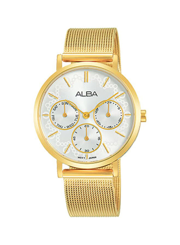 Alba Analog Watch for Women with Stainless Steel Band, Water Resistant and Chronograph, AP6596X1, Gold-White
Alba Analog Watch for Women with Stainless Steel Band, Water Resistant and Chronograph, AP6596X1, Gold-White