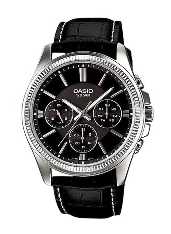 Casio Enticer Analog Watch for Men with Leather Band, Water Resistant and Chronograph, MTP-1375L-1AVDF, Black
Casio Enticer Analog Watch for Men with Leather Band, Water Resistant and Chronograph, MTP-1375L-1AVDF, Black