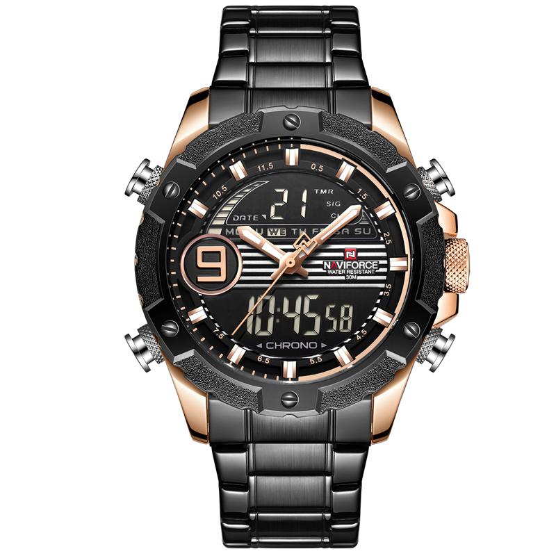 Naviforce Analog/Digital Watch for Men with Stainless Steel Band, Water Resistant, 9146, Black-Black
Naviforce Analog/Digital Watch for Men with Stainless Steel Band, Water Resistant, 9146, Black-Black
