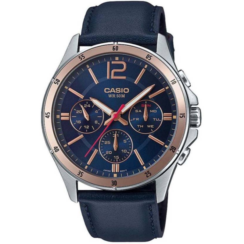 Casio Enticer Men Analog Watch for Men with Leather Band, Water Resistant and Chronograph, MTP-1374L-2AVDF, Blue-Blue
Casio Enticer Men Analog Watch for Men with Leather Band, Water Resistant and Chronograph, MTP-1374L-2AVDF, Blue-Blue