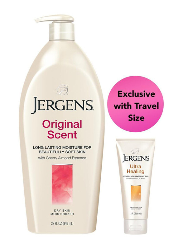 Jergens Original Scent Dry Skin Body Moisturizer with Cherry Almond Essence and Ultra Healing Extra Dry Skin Moisturizer Travel Size, 2 Pieces
Jergens Original Scent Dry Skin Body Moisturizer with Cherry Almond Essence and Ultra Healing Extra Dry Skin Moisturizer Travel Size, 2 Pieces