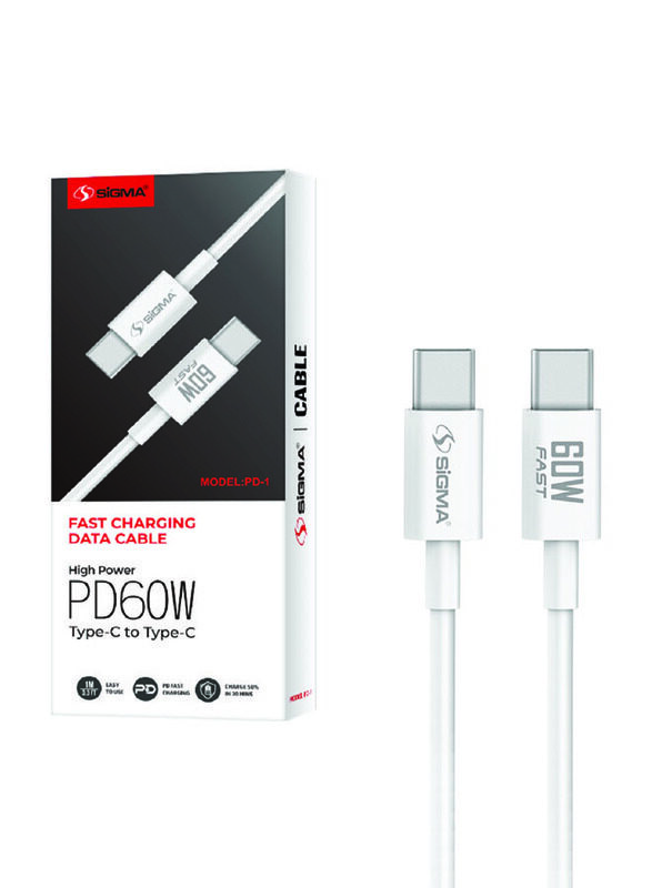 Sigma 100cm PD-01 60W Type C Farst Charging Data Cable, USB Type C Male to Type C for Smartphones/Tablets, White
Sigma 100cm PD-01 60W Type C Farst Charging Data Cable, USB Type C Male to Type C for Smartphones/Tablets, White