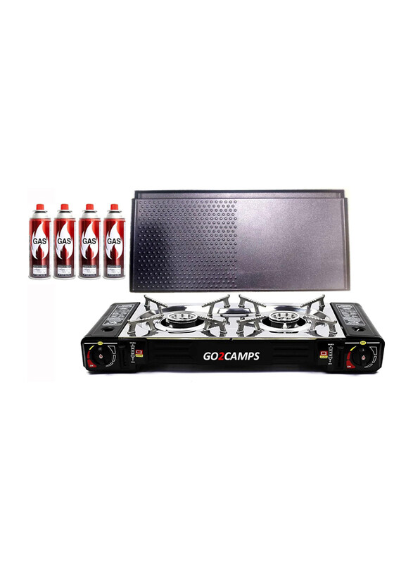 Go2Camps Double Burner Butane Camping Stove with BBQ Grill Tray and 4-Gas Cartridge, Multicolour
Go2Camps Double Burner Butane Camping Stove with BBQ Grill Tray and 4-Gas Cartridge, Multicolour