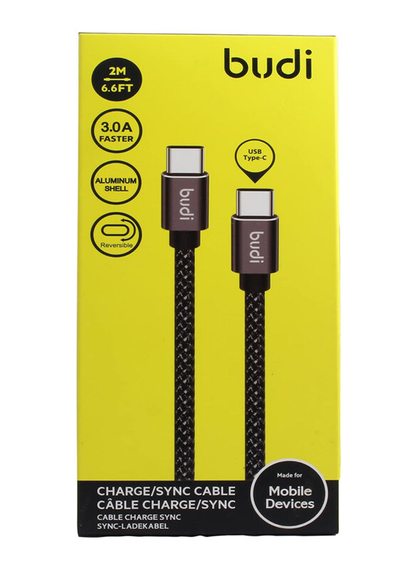 Budi 2-Meter Aluminum Shell Reversible 3.A Type-C Charge/Sync Cable, USB Type-C to USB Type-C for Smartphones/Tablets, Black
Budi 2-Meter Aluminum Shell Reversible 3.A Type-C Charge/Sync Cable, USB Type-C to USB Type-C for Smartphones/Tablets, Black