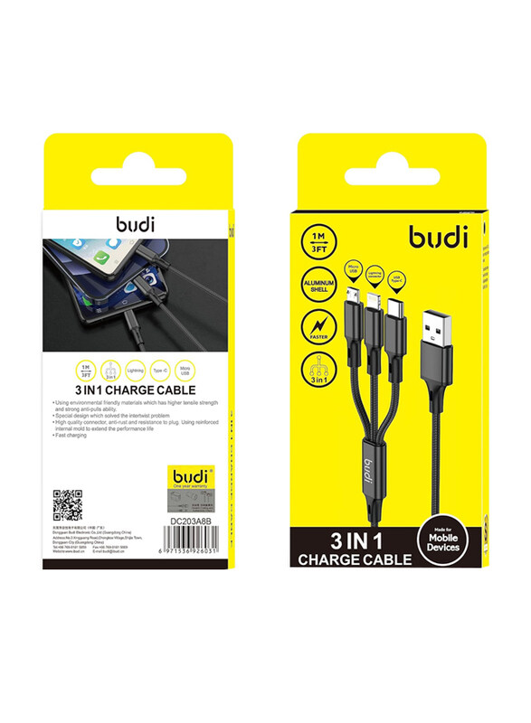 Budi 1-Meter 3-in-1 Charge Cable, USB Type A to USB Type-C, Lightning, Micro USB for Smartphones/Tablets, Multicolour
Budi 1-Meter 3-in-1 Charge Cable, USB Type A to USB Type-C, Lightning, Micro USB for Smartphones/Tablets, Multicolour