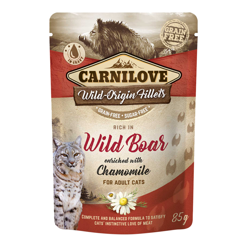 Carnilove Wild Boar enriched with Chamomile for Adult Cats (Wet Food Pouches) 24x85g
Carnilove Wild Boar enriched with Chamomile for Adult Cats (Wet Food Pouches) 24x85g