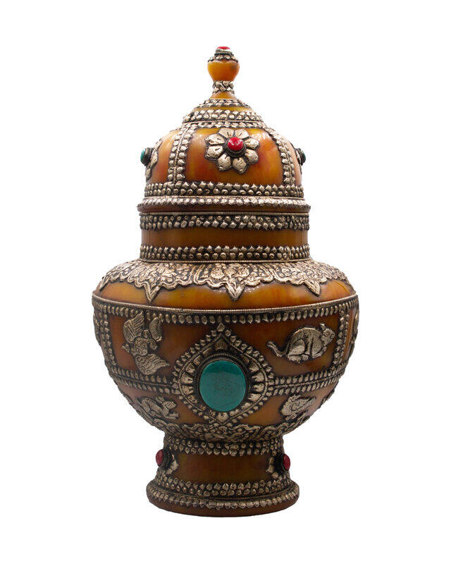 Generic Antique Handcrafted Amber Pot with Silver Carving, Rubies & Crystal, Multicolour
Generic Antique Handcrafted Amber Pot with Silver Carving, Rubies & Crystal, Multicolour