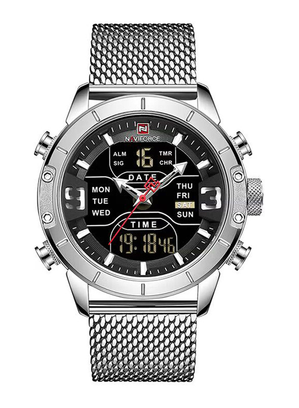 Naviforce Analog + Digital Watch for Men with Stainless Steel Band, Water Resistant, J3994S-KM, Silver-Black
Naviforce Analog + Digital Watch for Men with Stainless Steel Band, Water Resistant, J3994S-KM, Silver-Black