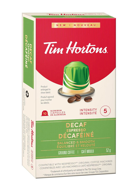Tim Hortons Decaf Espresso Intensity 5 Balanced and Smooth Ground Coffee Capsules, 10 Capsules
Tim Hortons Decaf Espresso Intensity 5 Balanced and Smooth Ground Coffee Capsules, 10 Capsules