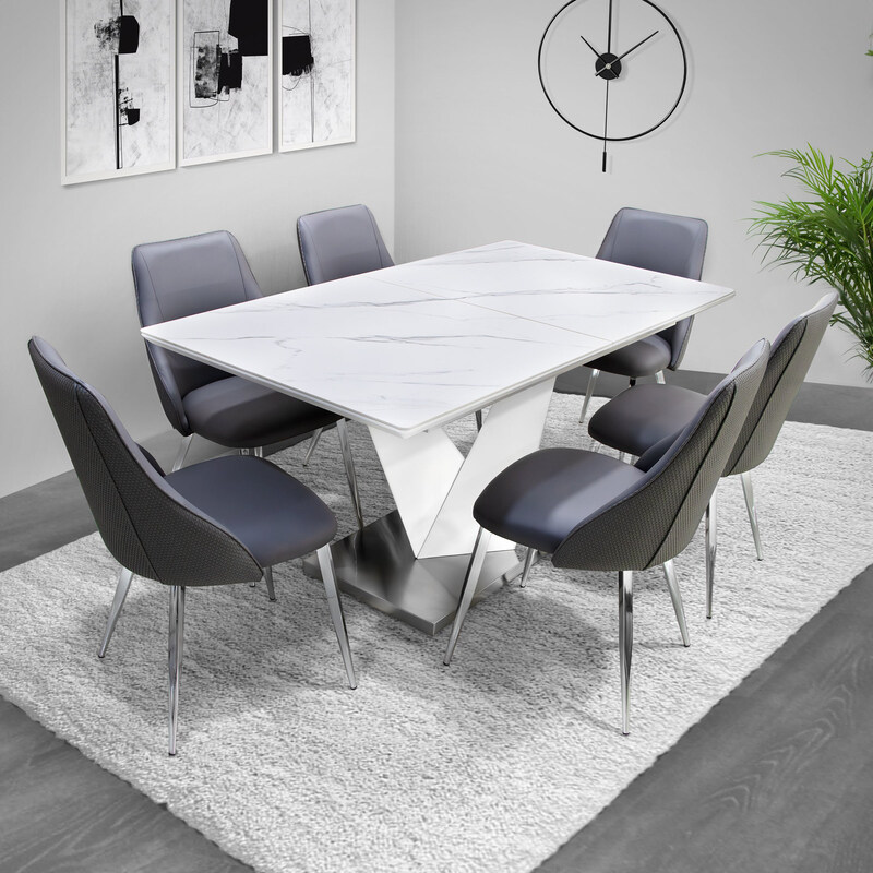 Vanity Living 7-Piece Sintered Stone Top Grey Breakfast Dinner Modern Extendable Large Dining Table Set with Chairs, White/Chrome
Vanity Living 7-Piece Sintered Stone Top Grey Breakfast Dinner Modern Extendable Large Dining Table Set with Chairs, White/Chrome