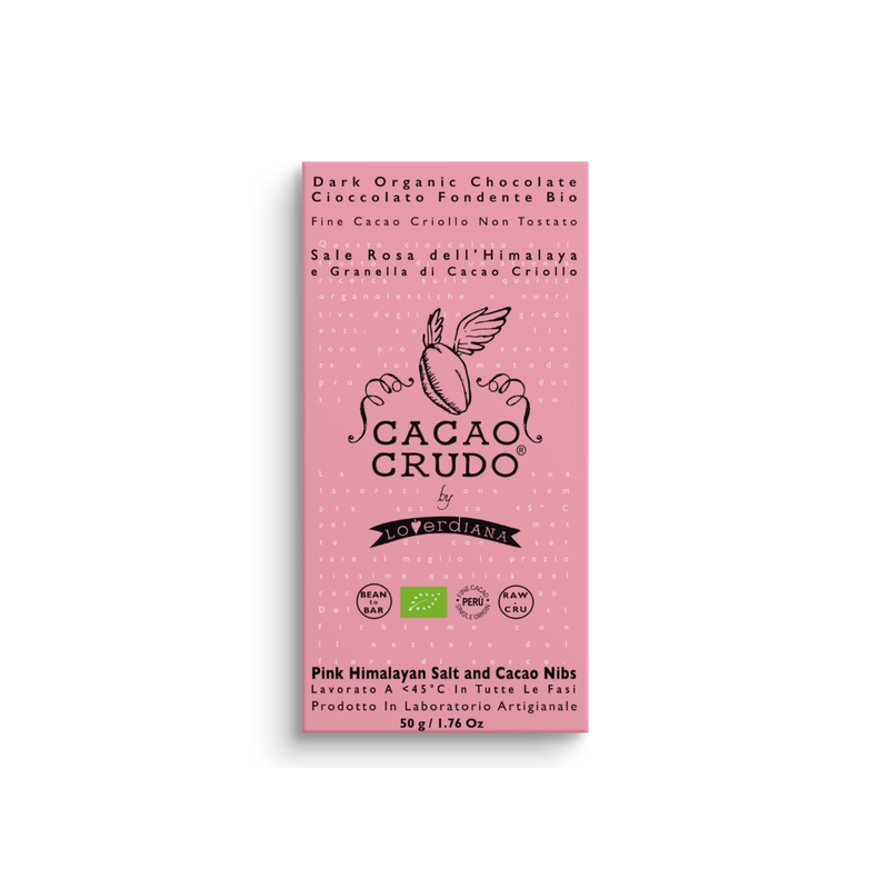 Cacao Crudo Organic Raw Dark Chocolate Slab with Pink Himalayan Salt & Cocoa Nibs, 50g
Cacao Crudo Organic Raw Dark Chocolate Slab with Pink Himalayan Salt & Cocoa Nibs, 50g