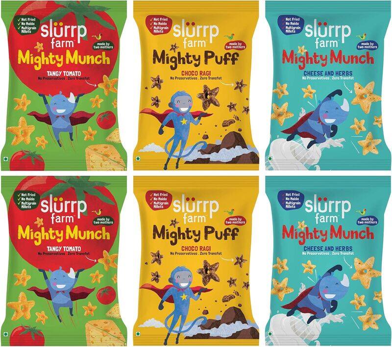 Slurrp Farm Mighty Puffs Choco Ragi, Tangy Tomato and Cheese & Herbs 20g, Pack of 2 each
Slurrp Farm Mighty Puffs Choco Ragi, Tangy Tomato and Cheese & Herbs 20g, Pack of 2 each