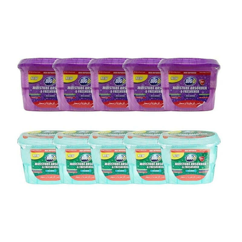 Big D Moisture Absorber & Freshener - PACK of 10 (5 Cool Marine + 5 Lavender) - Dual Fragrance Odor & Moisture Control
Big D Moisture Absorber & Freshener - PACK of 10 (5 Cool Marine + 5 Lavender) - Dual Fragrance Odor & Moisture Control