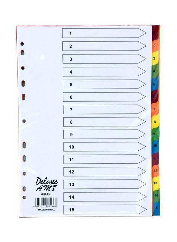 Deluxe Manila Colour Divider with Number, 1-15 Tab, 10-Piece, 43415, Multicolour
Deluxe Manila Colour Divider with Number, 1-15 Tab, 10-Piece, 43415, Multicolour