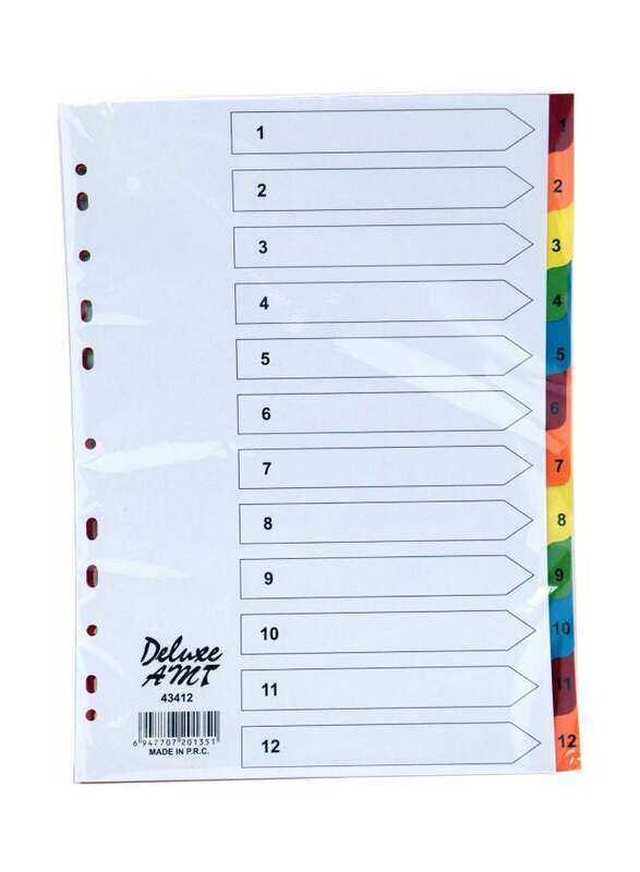 Deluxe Manila Colour Divider with Number, 1-12 Tab, 10-Piece, 43412, Multicolour
Deluxe Manila Colour Divider with Number, 1-12 Tab, 10-Piece, 43412, Multicolour