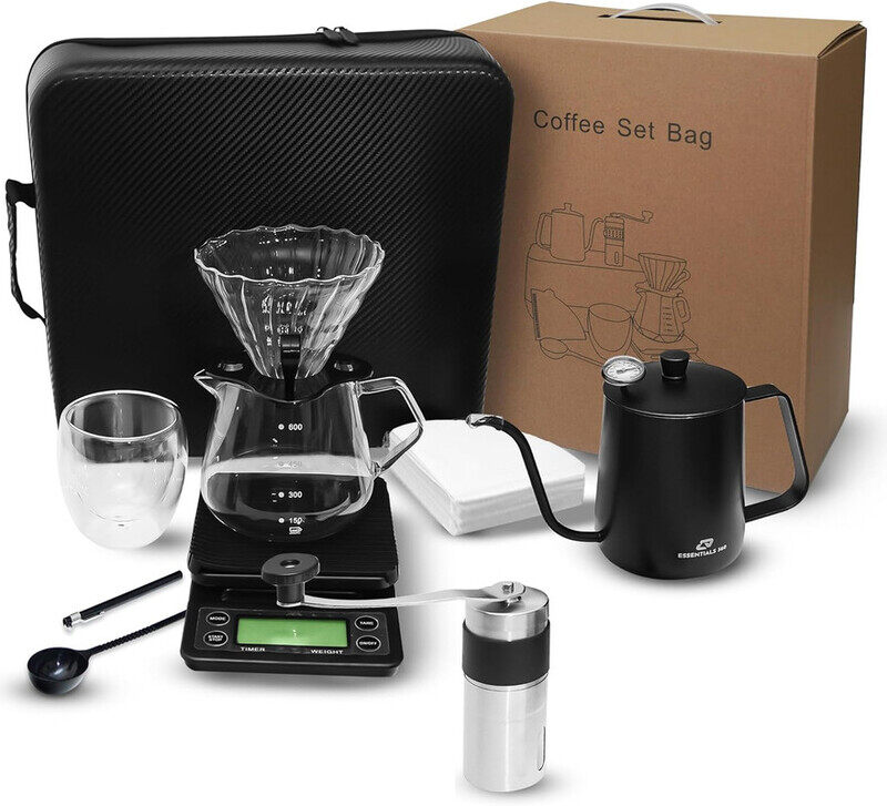 Essentials 360 V60 Pour Over Coffee Maker Set - Portable Coffee Kit 9Pcs with V60 Kettle, Digital Scale, Double Walled Mug, Glass Server, Manual Grind
Essentials 360 V60 Pour Over Coffee Maker Set - Portable Coffee Kit 9Pcs with V60 Kettle, Digital Scale, Double Walled Mug, Glass Server, Manual Grind