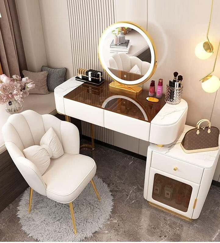 AWD Modern Glass Dressing Table Designed Round Smart Mirror Strong LED Lighting Colour Modes and a Comfort Chair, White
AWD Modern Glass Dressing Table Designed Round Smart Mirror Strong LED Lighting Colour Modes and a Comfort Chair, White