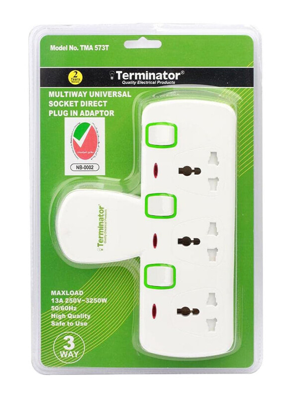 Terminator 3-Way Universal T-Socket Multi Adaptor with Individual Switches & Indicators, TMA 573T, White
Terminator 3-Way Universal T-Socket Multi Adaptor with Individual Switches & Indicators, TMA 573T, White