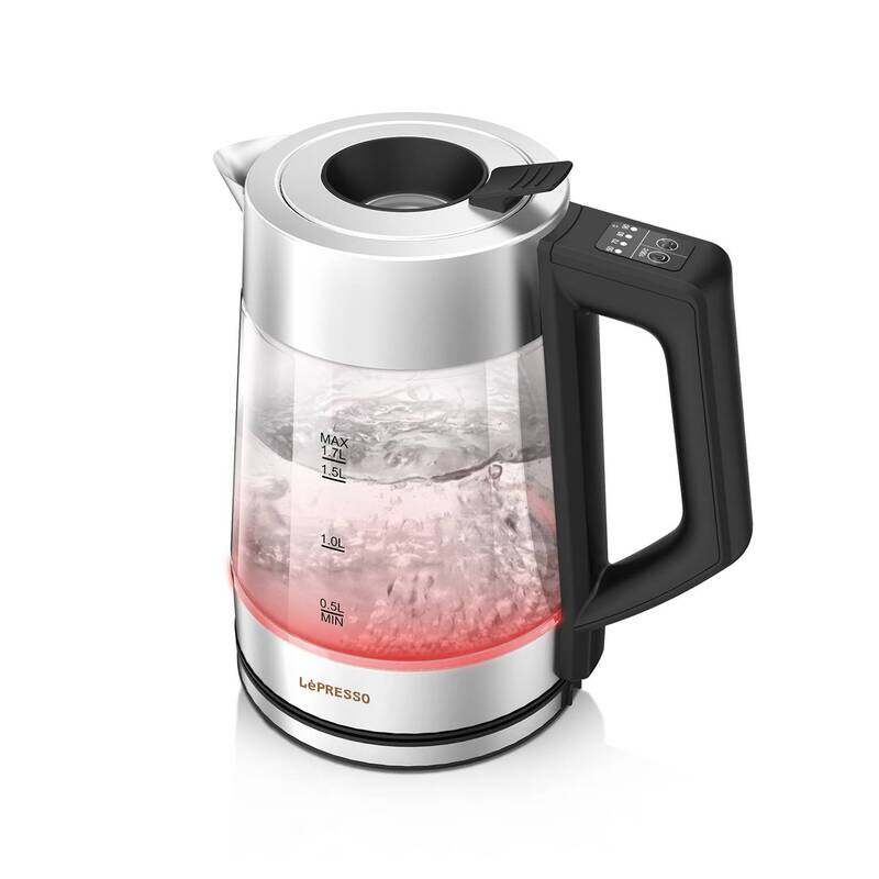 LePresso Illuminated Glass Kettle with 1850 to 2200W Rated Power 1.7L Capacity Temperature Settings 50 to 100°C Keep Warm Function 3 Pin UK Plug Black
LePresso Illuminated Glass Kettle with 1850 to 2200W Rated Power 1.7L Capacity Temperature Settings 50 to 100°C Keep Warm Function 3 Pin UK Plug Black