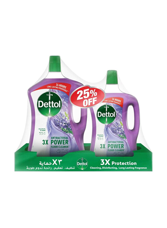 Dettol Lavender Antibacterial 3x Power Floor Cleaner, 3 Liters + 1.8 Liters, 2 Pieces
Dettol Lavender Antibacterial 3x Power Floor Cleaner, 3 Liters + 1.8 Liters, 2 Pieces